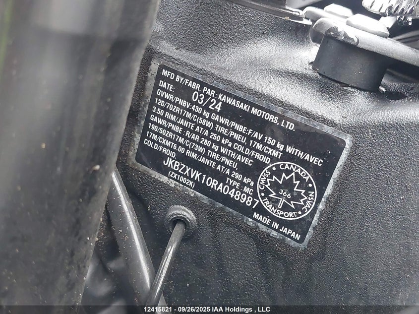 2024 Kawasaki Zx1002 K VIN: JKBZXVK10RA048987 Lot: 12415821