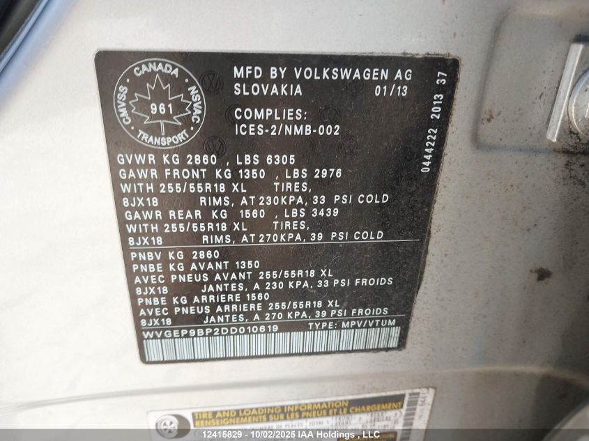 2013 Volkswagen Touareg VIN: WVGEP9BP2DD010619 Lot: 12415829