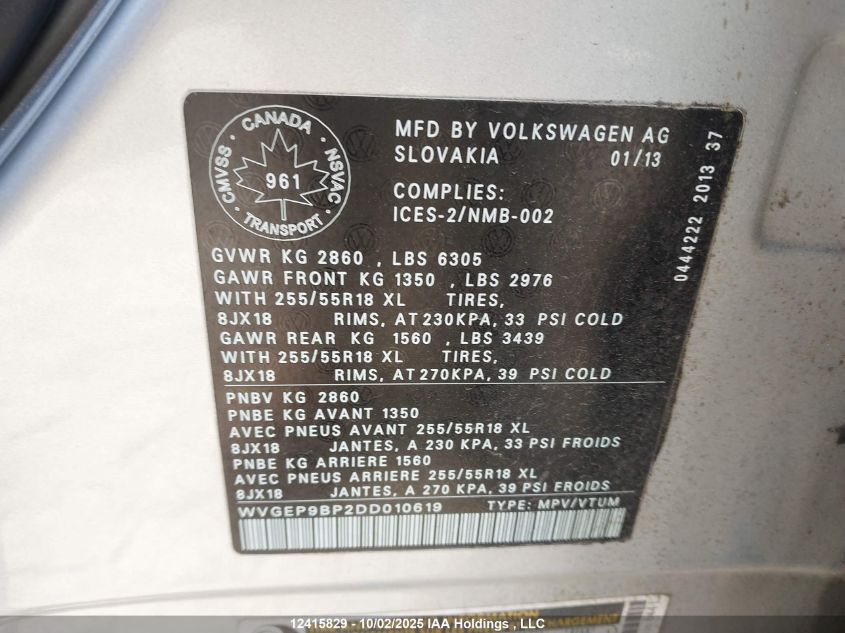 2013 Volkswagen Touareg VIN: WVGEP9BP2DD010619 Lot: 12415829