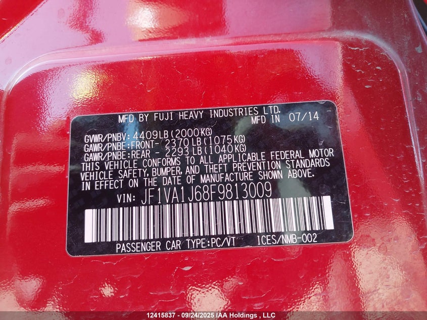 2015 Subaru Wrx Sport-Tech Package VIN: JF1VA1J68F9813009 Lot: 12415837