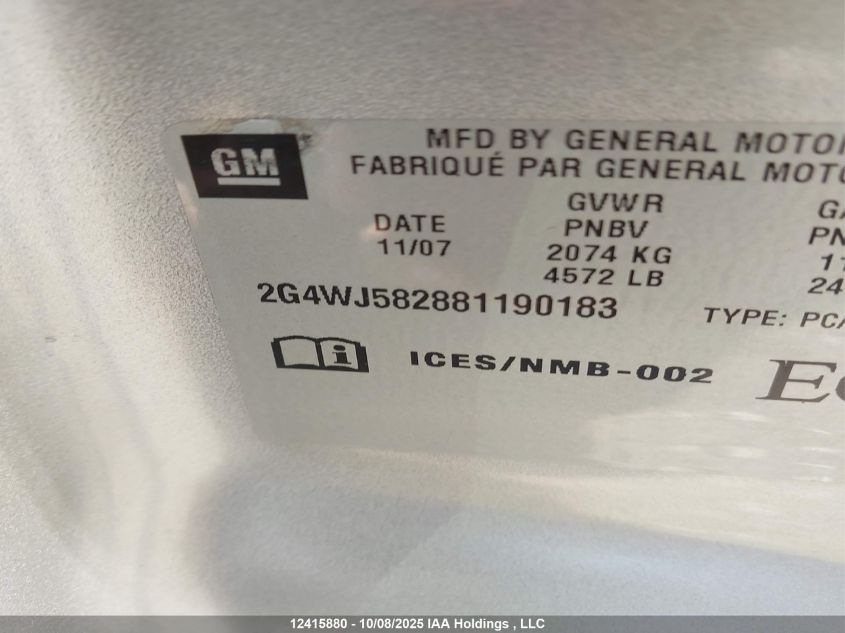 2008 Buick Allure VIN: 2G4WJ582881190183 Lot: 12415880