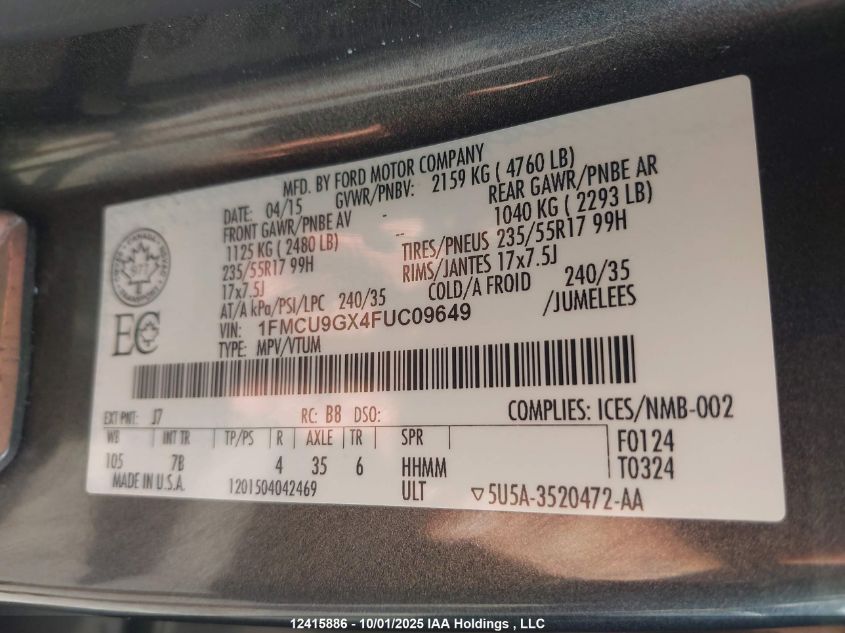 2015 Ford Escape Se VIN: 1FMCU9GX4FUC09649 Lot: 12415886