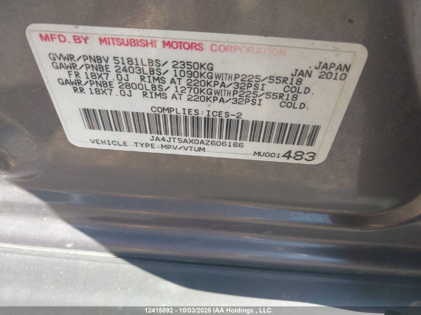 2010 Mitsubishi Outlander Gt VIN: JA4JT5AX0AZ606166 Lot: 12415892