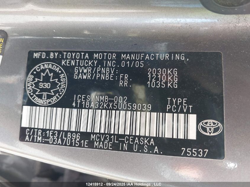 2005 Toyota Camry VIN: 4T1BA32KX5U059039 Lot: 12415912