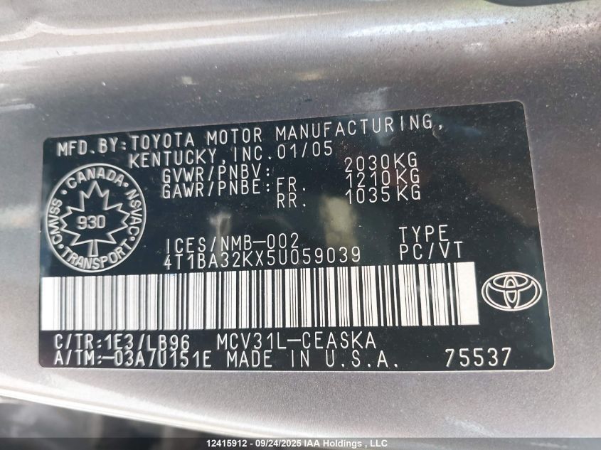 2005 Toyota Camry VIN: 4T1BA32KX5U059039 Lot: 12415912