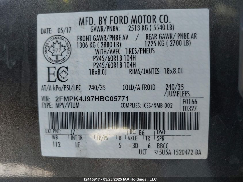 2017 Ford Edge Sel VIN: 2FMPK4J97HBC05771 Lot: 12415917