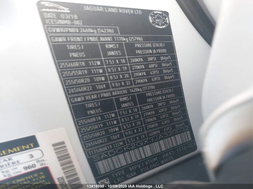 2018 Jaguar F-Pace 30T Prestige VIN: SADCK2GX3JA320032 Lot: 12415930