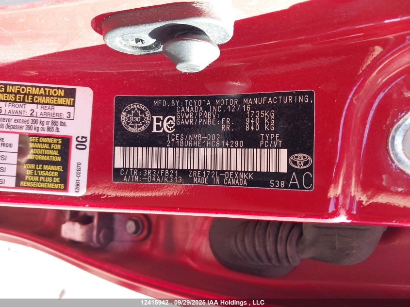 2017 Toyota Corolla Le VIN: 2T1BURHE1HC814290 Lot: 12415942