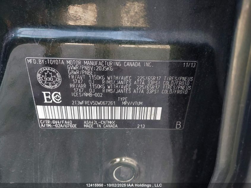 2013 Toyota Rav4 VIN: 2T3WFREV5DW067261 Lot: 12415950