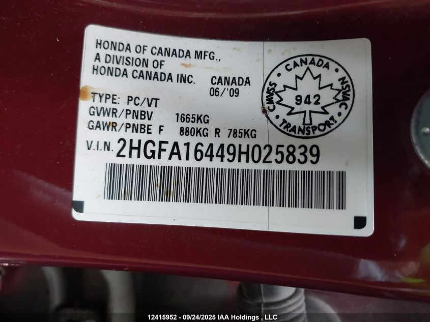 2009 Honda Civic Dx-G VIN: 2HGFA16449H025839 Lot: 12415952