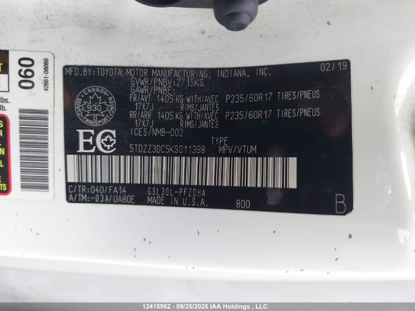 2019 Toyota Sienna VIN: 5TDZZ3DC5KS011398 Lot: 12415962