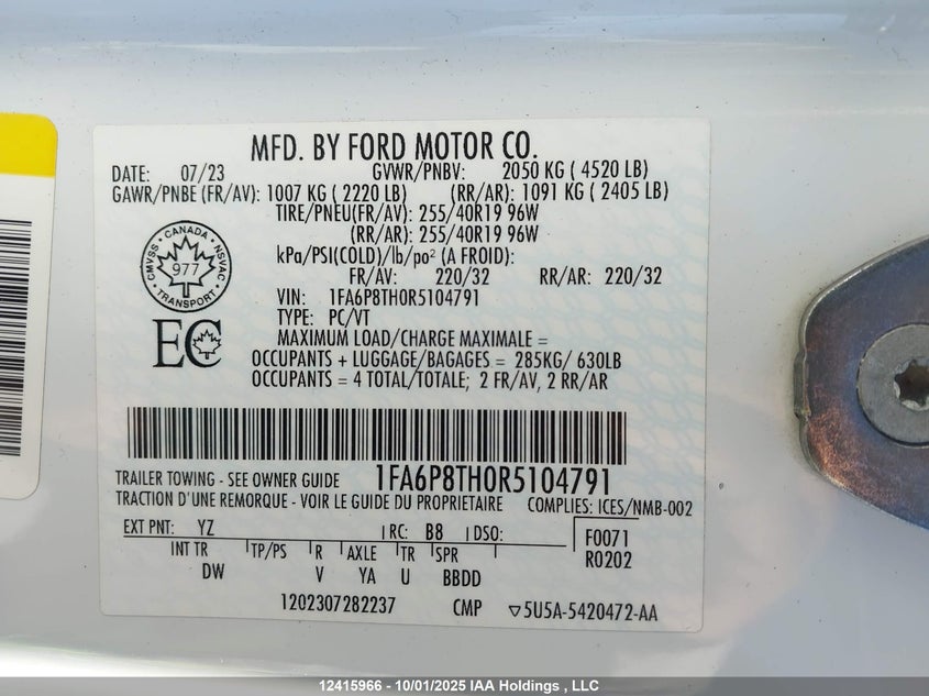 2024 Ford Mustang Ecoboost VIN: 1FA6P8TH0R5104791 Lot: 12415966