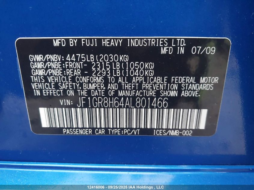 2010 Subaru Impreza VIN: JF1GR8H64AL801466 Lot: 12416006