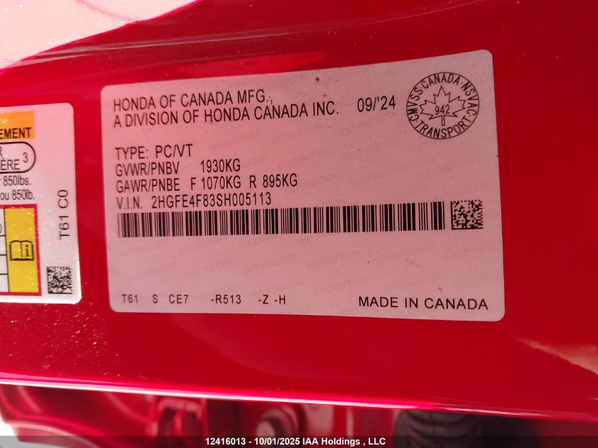 2025 Honda Civic Hybrid VIN: 2HGFE4F83SH005113 Lot: 12416013
