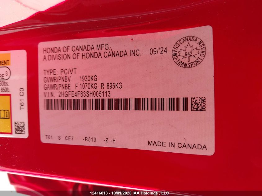 2025 Honda Civic Hybrid VIN: 2HGFE4F83SH005113 Lot: 12416013
