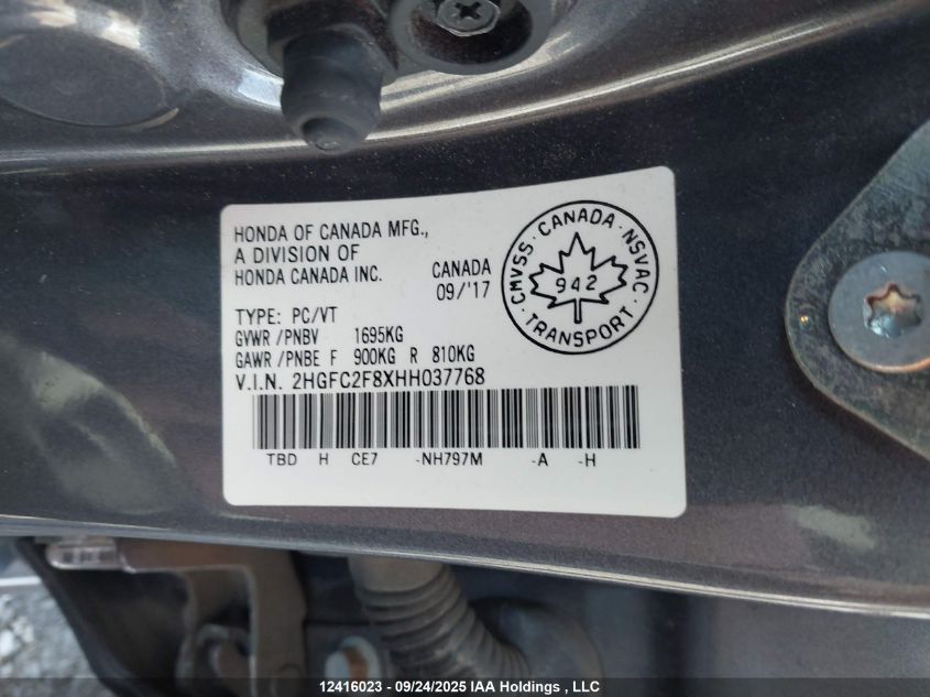 2017 Honda Civic Ex 4Dr VIN: 2HGFC2F8XHH037768 Lot: 12416023