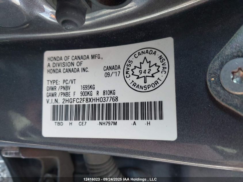 2017 Honda Civic Ex 4Dr VIN: 2HGFC2F8XHH037768 Lot: 12416023