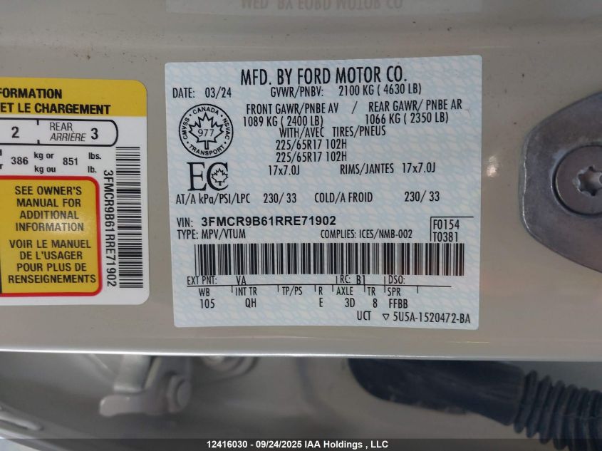 2024 Ford Bronco Sport Big Bend VIN: 3FMCR9B61RRE71902 Lot: 12416030