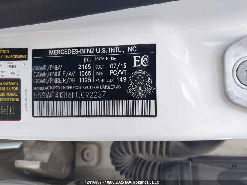 2015 Mercedes-Benz C 300 4Matic VIN: 55SWF4KB6FU092237 Lot: 12416067