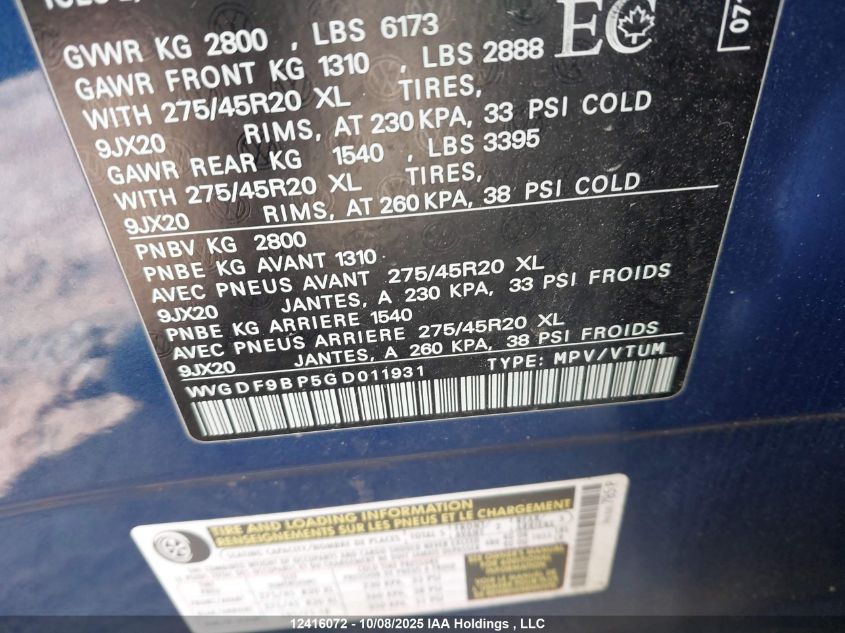 2016 Volkswagen Touareg 3.6L Execline/3.6L Highline VIN: WVGDF9BP5GD011931 Lot: 12416072