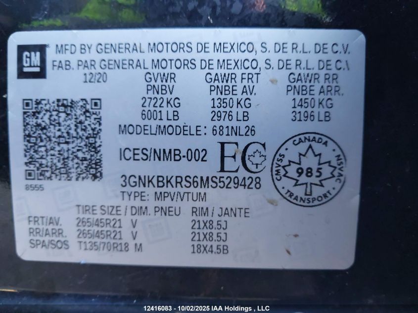 2021 Chevrolet Blazer Rs VIN: 3GNKBKRS6MS529428 Lot: 12416083