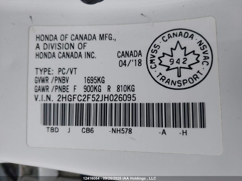 2018 Honda Civic Lx VIN: 2HGFC2F52JH026095 Lot: 12416084