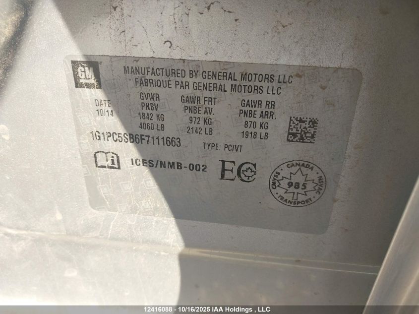 2015 Chevrolet Cruze VIN: 1G1PC5SB6F7111663 Lot: 12416088