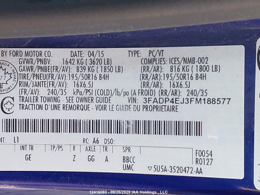 2015 Ford Fiesta Se VIN: 3FADP4EJ3FM188577 Lot: 12416093