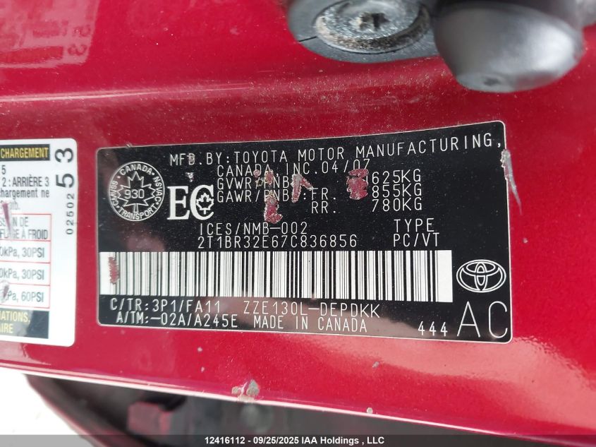 2007 Toyota Corolla Ce/Le/S VIN: 2T1BR32E67C836856 Lot: 12416112