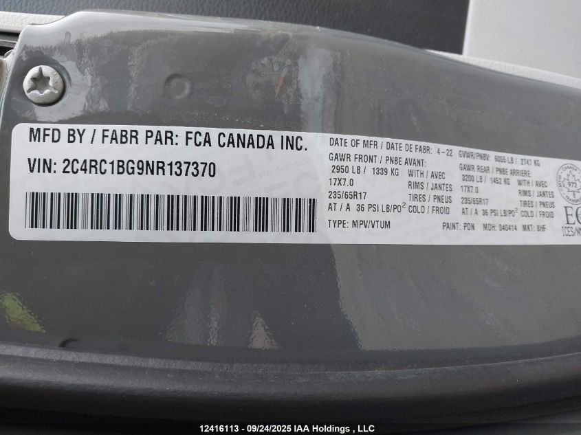 2022 Chrysler Pacifica Touring-L VIN: 2C4RC1BG9NR137370 Lot: 12416113