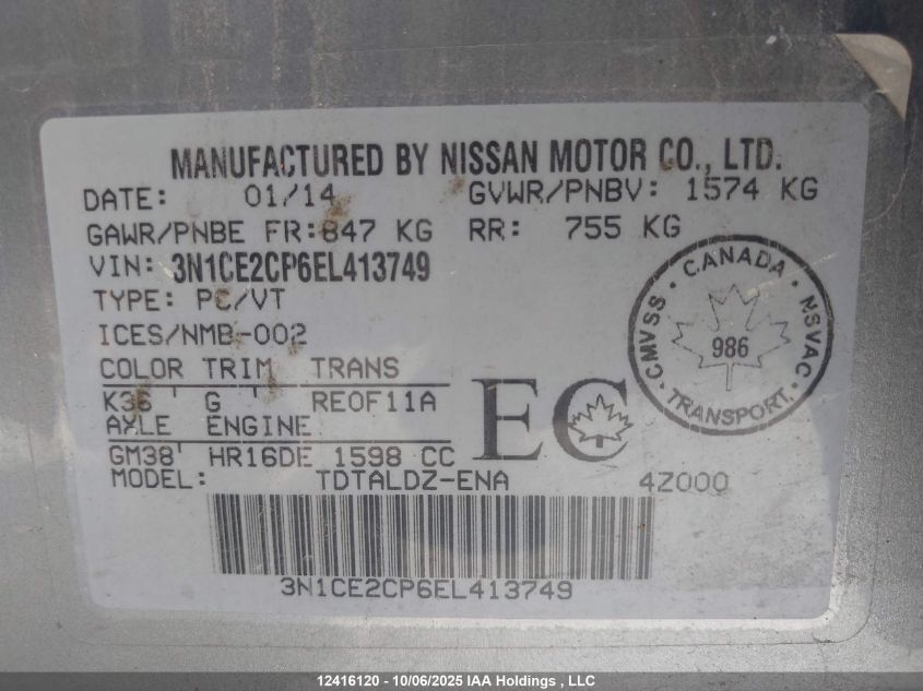 2014 Nissan Versa VIN: 3N1CE2CP6EL413749 Lot: 12416120