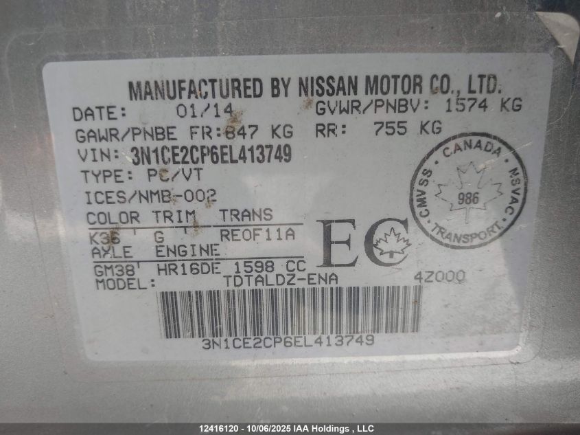 2014 Nissan Versa VIN: 3N1CE2CP6EL413749 Lot: 12416120