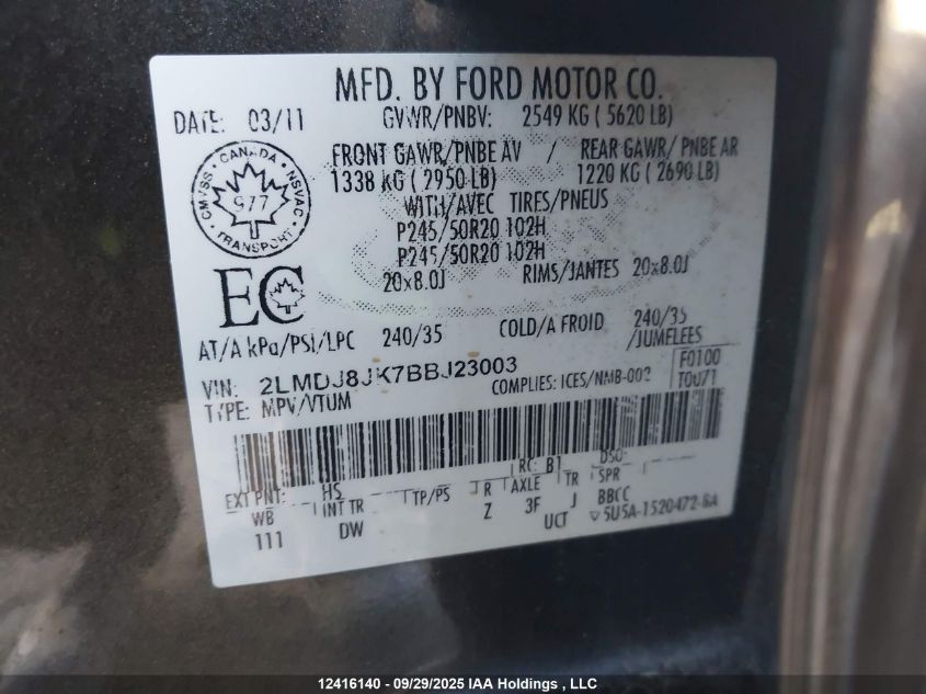 2011 Lincoln Mkx VIN: 2LMDJ8JK7BBJ23003 Lot: 12416140