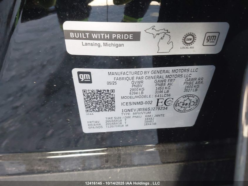 2025 Chevrolet Traverse Z71 VIN: 1GNEVJRS6SJ279234 Lot: 12416145