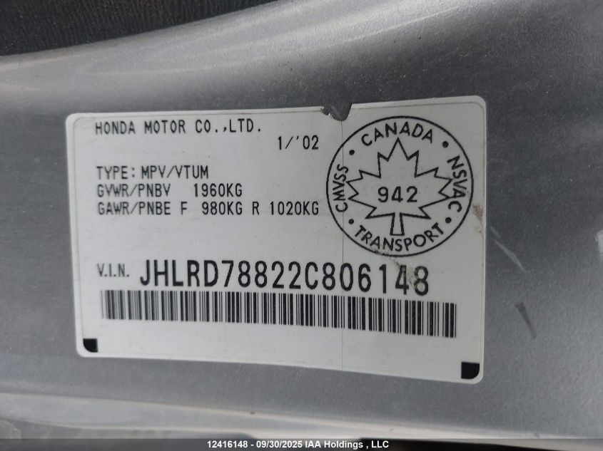 2002 Honda Cr-V Ex VIN: JHLRD78822C806148 Lot: 12416148