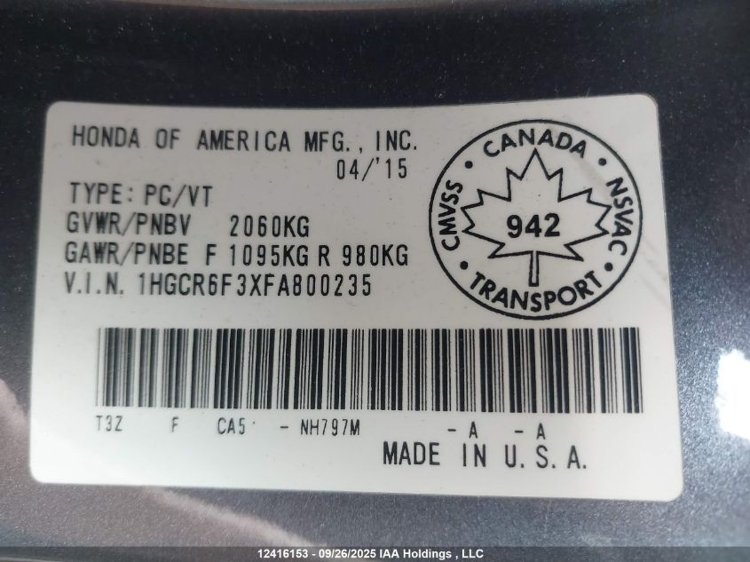 2015 Honda Accord Hybrid VIN: 1HGCR6F3XFA800235 Lot: 12416153