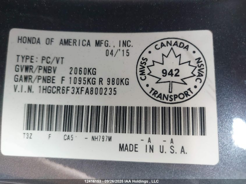 2015 Honda Accord Hybrid VIN: 1HGCR6F3XFA800235 Lot: 12416153