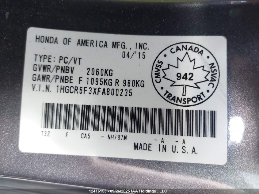 2015 Honda Accord Hybrid VIN: 1HGCR6F3XFA800235 Lot: 12416153