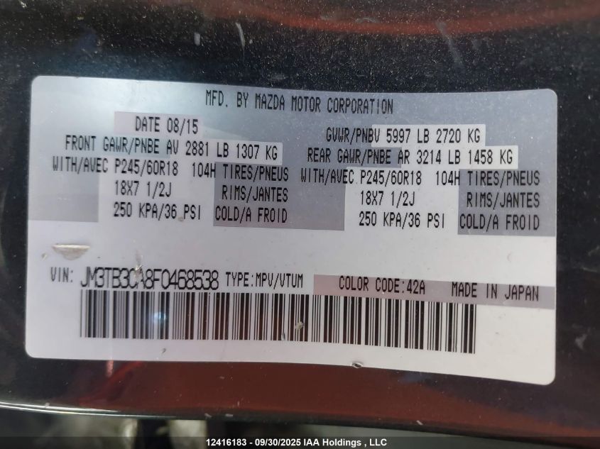 2015 Mazda Cx-9 Gs VIN: JM3TB3CA8F0468538 Lot: 12416183