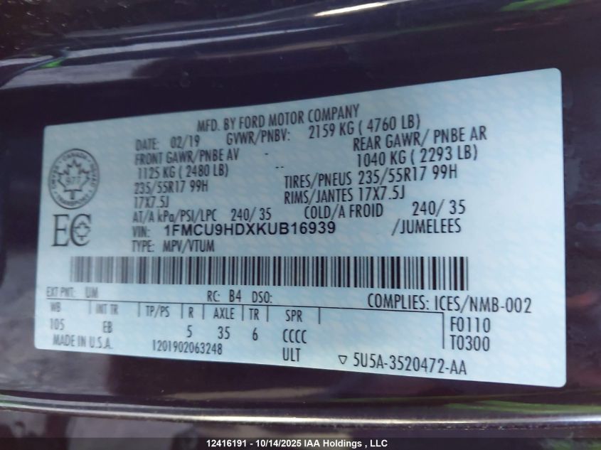 2019 Ford Escape Sel VIN: 1FMCU9HDXKUB16939 Lot: 12416191