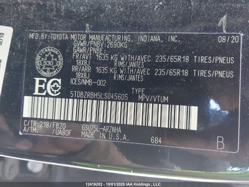 2020 Toyota Highlander L/Le VIN: 5TDBZRBH5LS045605 Lot: 12416202