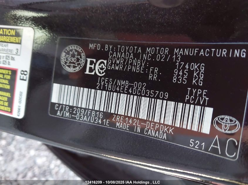 2013 Toyota Corolla Ce VIN: 2T1BU4EE4DC035709 Lot: 12416209