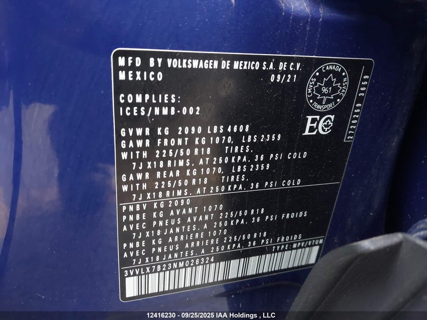 3VVLX7B23NM026324 2022 VOLKSWAGEN TAOS photo no. 9
