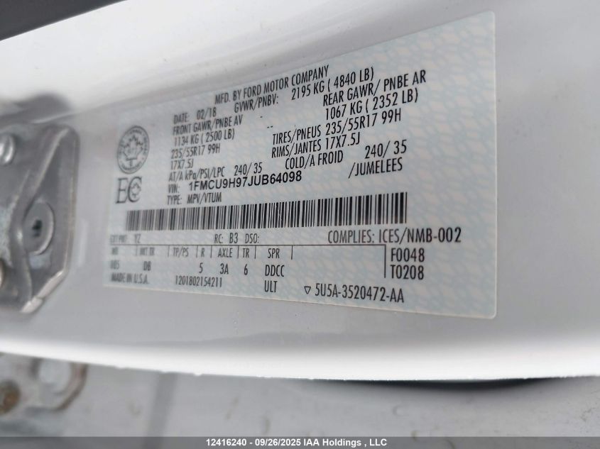 2018 Ford Escape Sel VIN: 1FMCU9H97JUB64098 Lot: 12416240