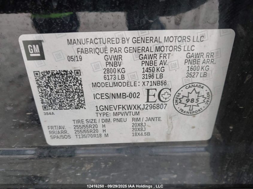 2019 Chevrolet Traverse Ls VIN: 1GNEVFKWXKJ296807 Lot: 12416250