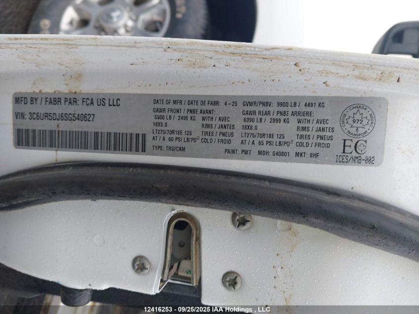 2025 Ram 2500 Big Horn VIN: 3C6UR5DJ6SG540627 Lot: 12416253
