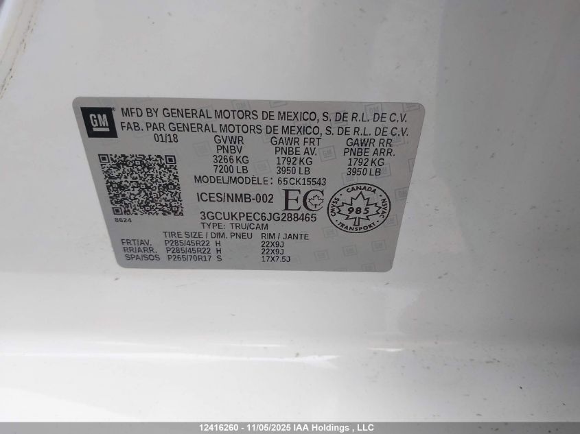 2018 Chevrolet Silverado K1500 Custom VIN: 3GCUKPEC6JG288465 Lot: 12416260