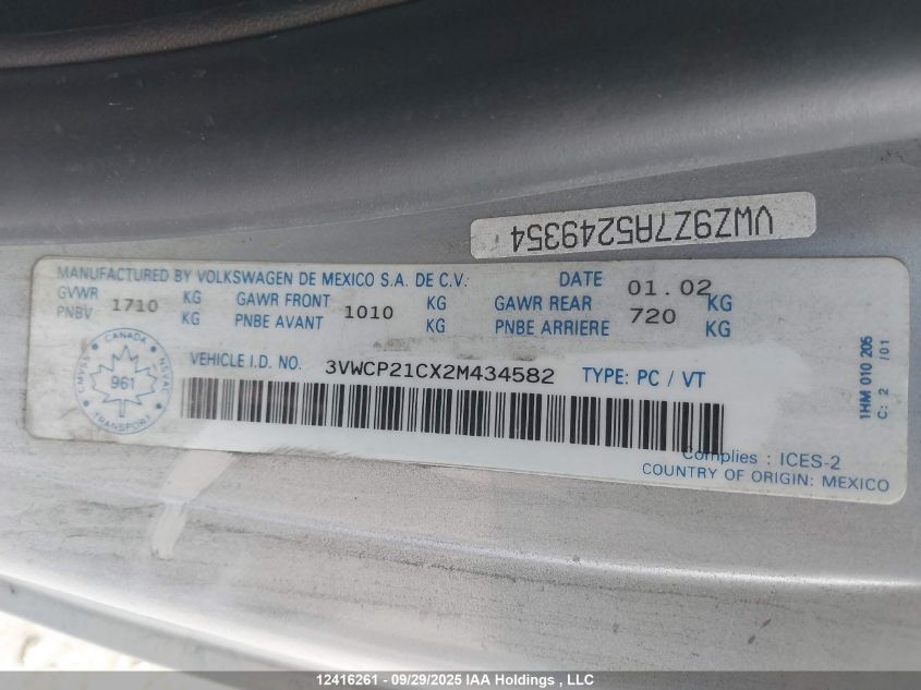 2002 Volkswagen New Beetle Gls Tdi VIN: 3VWCP21CX2M434582 Lot: 12416261