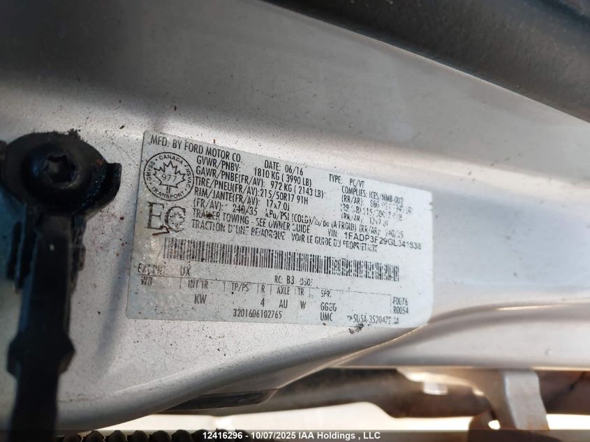 2016 Ford Focus Se VIN: 1FADP3F29GL341838 Lot: 12416296