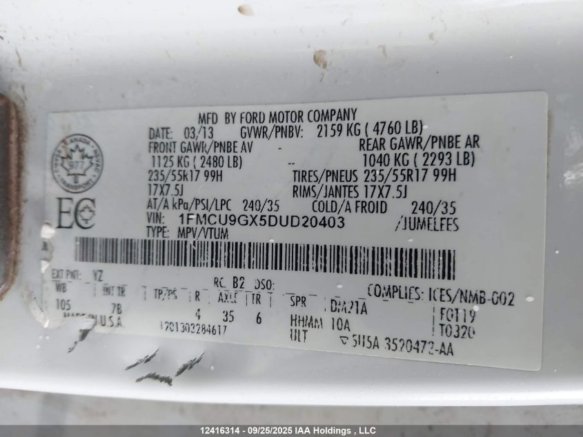 2013 Ford Escape Se VIN: 1FMCU9GX5DUD20403 Lot: 12416314